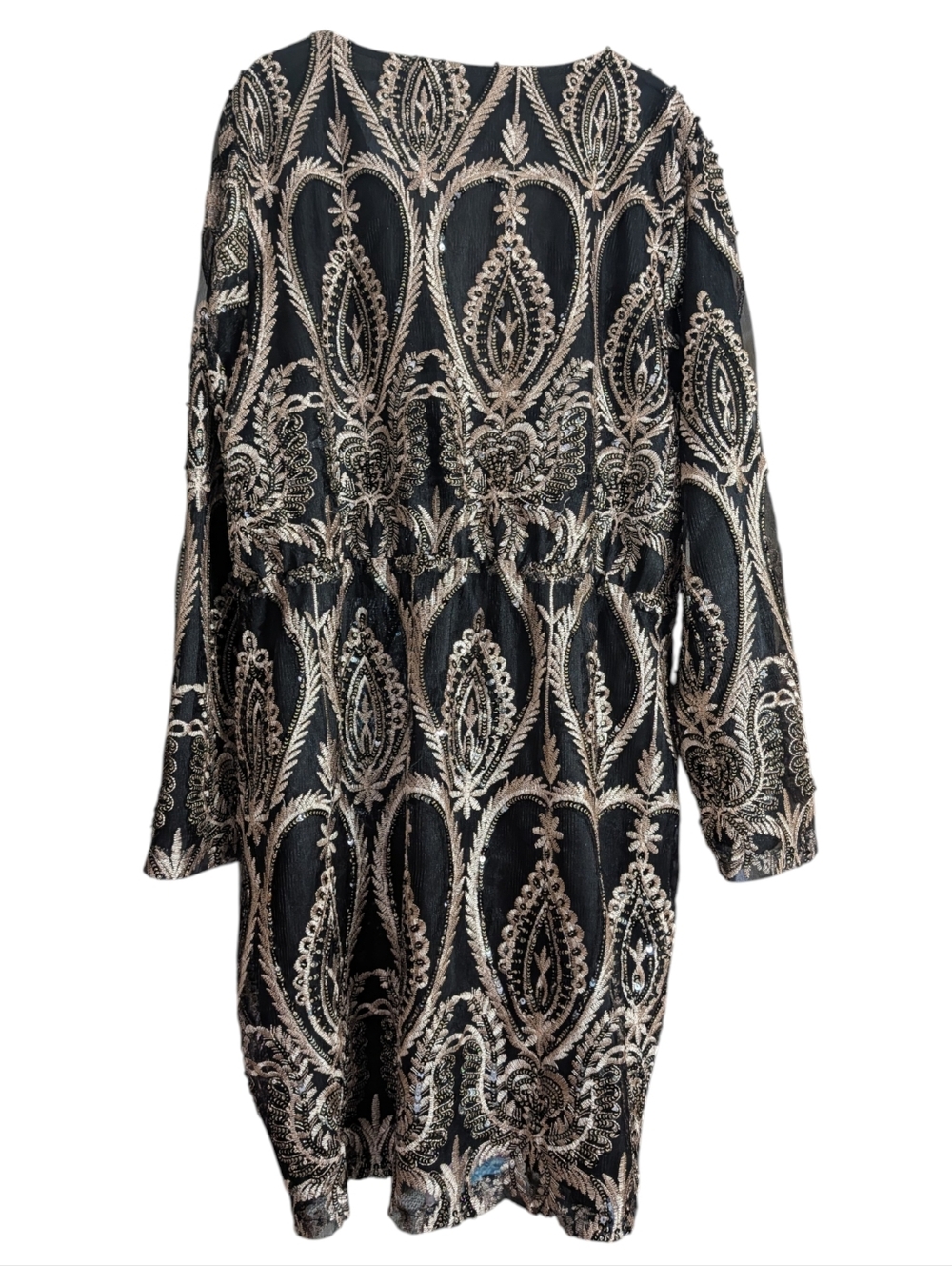 Boohoo Sequin Embroidered Mini Dress Black Gold Plunge Long Sleeve UK 22 US 18 - Picture 6 of 9